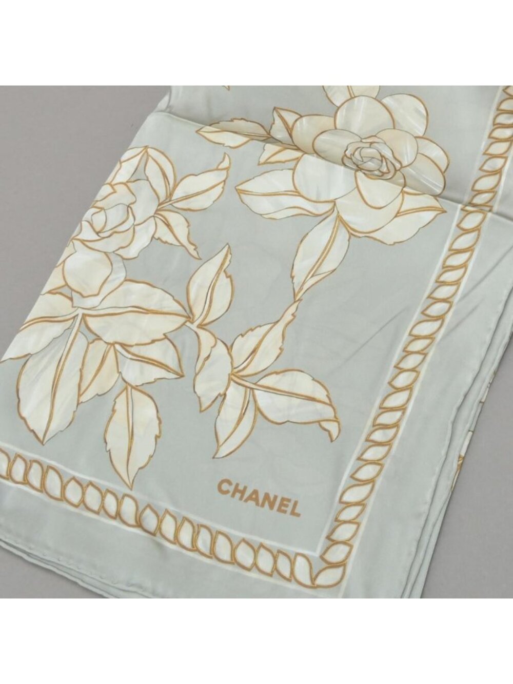 Chanel Floral Pattern Large Scarf Silk Gray Rose Camellia